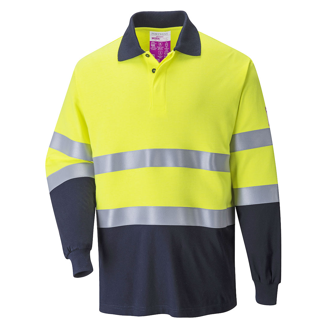 Portwest Modaflame Knit Hi-Vis Kontrast FR Poloshirt Langarm (FR74) Gelb/Marine S