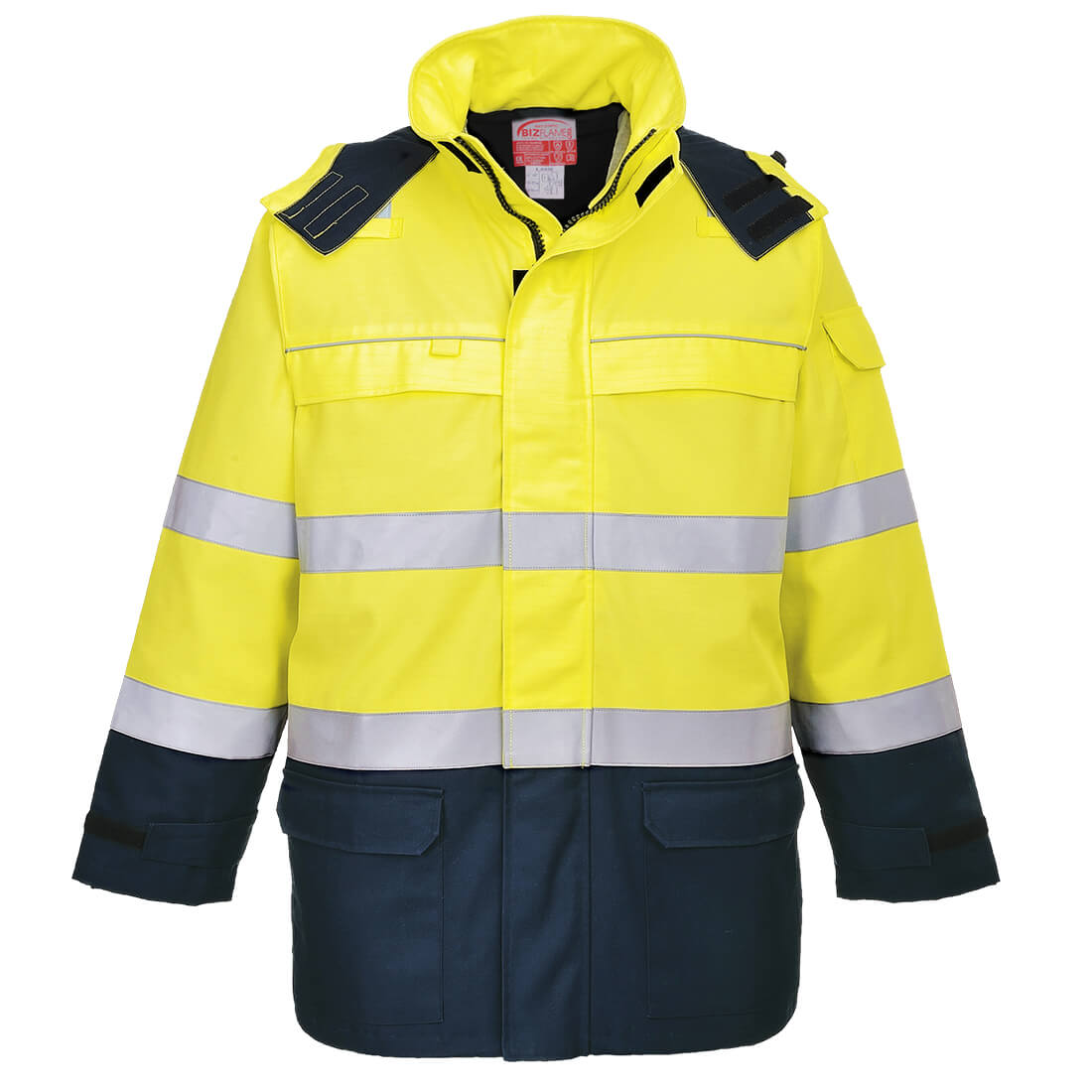 Portwest Bizflame Rain+ Hi-Vis Multinorm Kontrast FR Jacke (FR79) Gelb/Marine XL