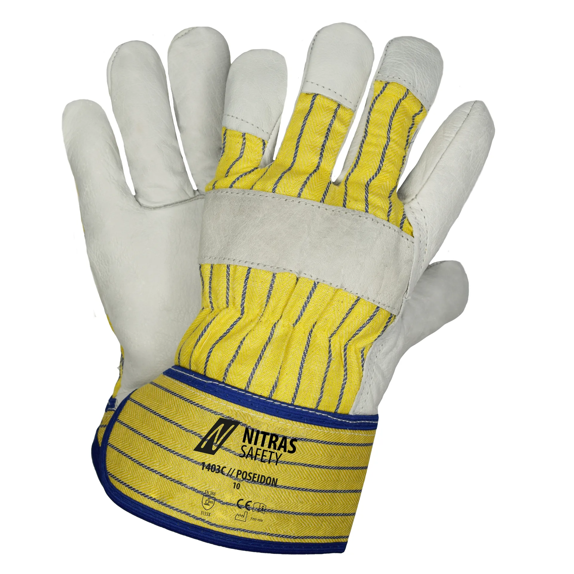 NITRAS POSEIDON, Rindvolllederhandschuhe, gelb / blau gestreift / grau, EN 388 (1403C)