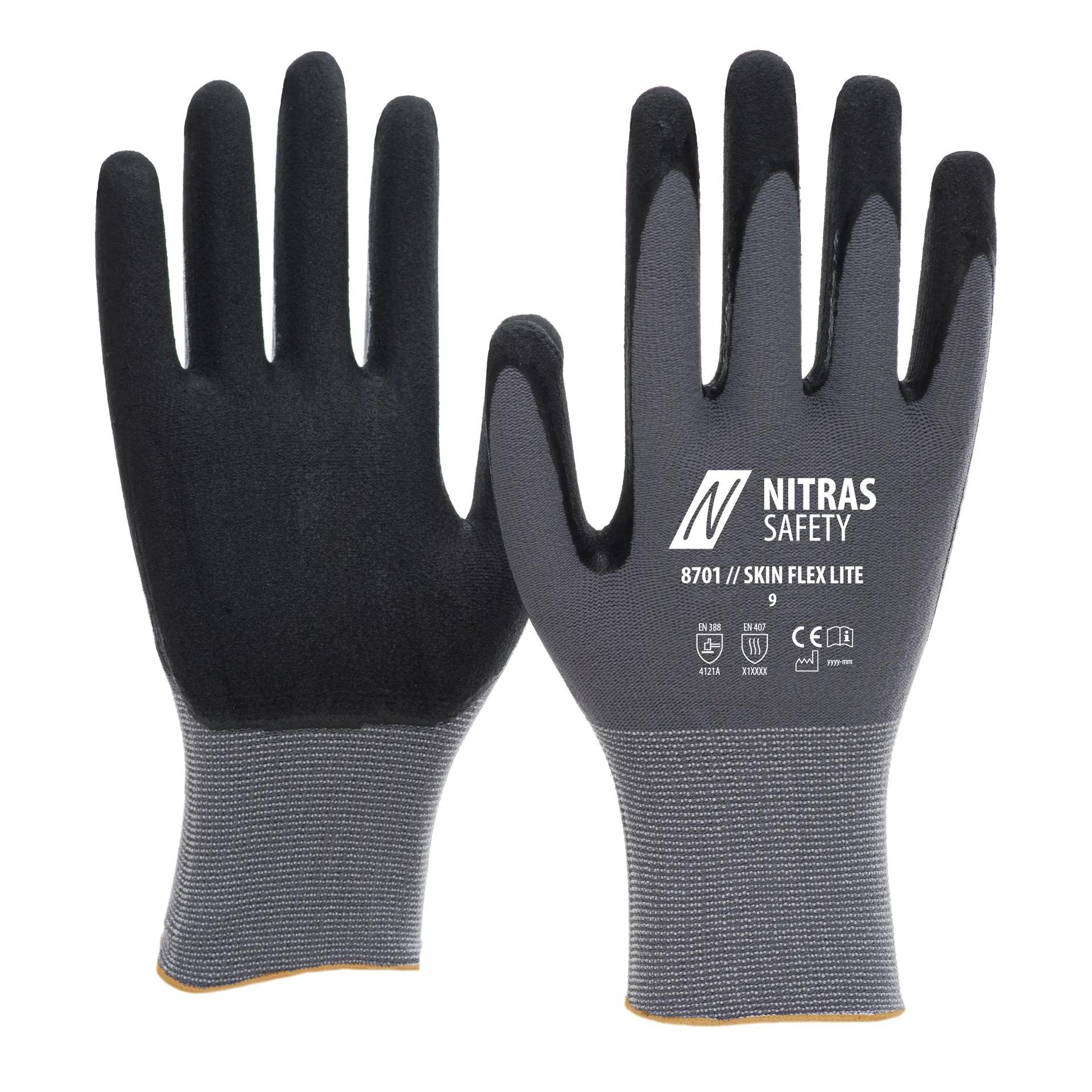 NITRAS SKIN FLEX LITE, Montagehandschuhe, grau / schwarz, EN ISO 21420, EN 388, EN 407, OEKO-TEX (8701)