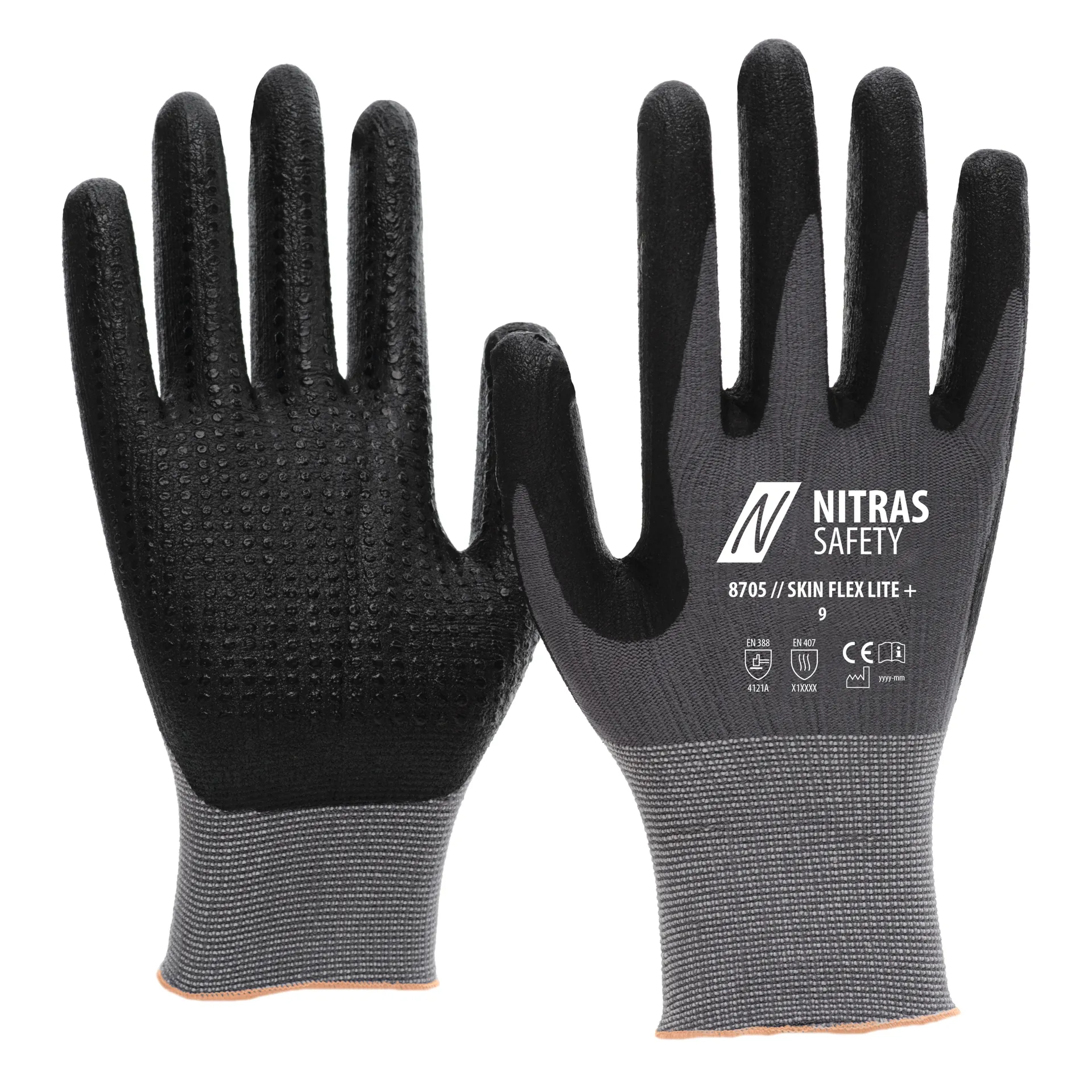 NITRAS SKIN FLEX LITE+, Montagehandschuhe, grau / schwarz, EN ISO 21420, EN 388, EN 407, OEKO-TEX (8705)