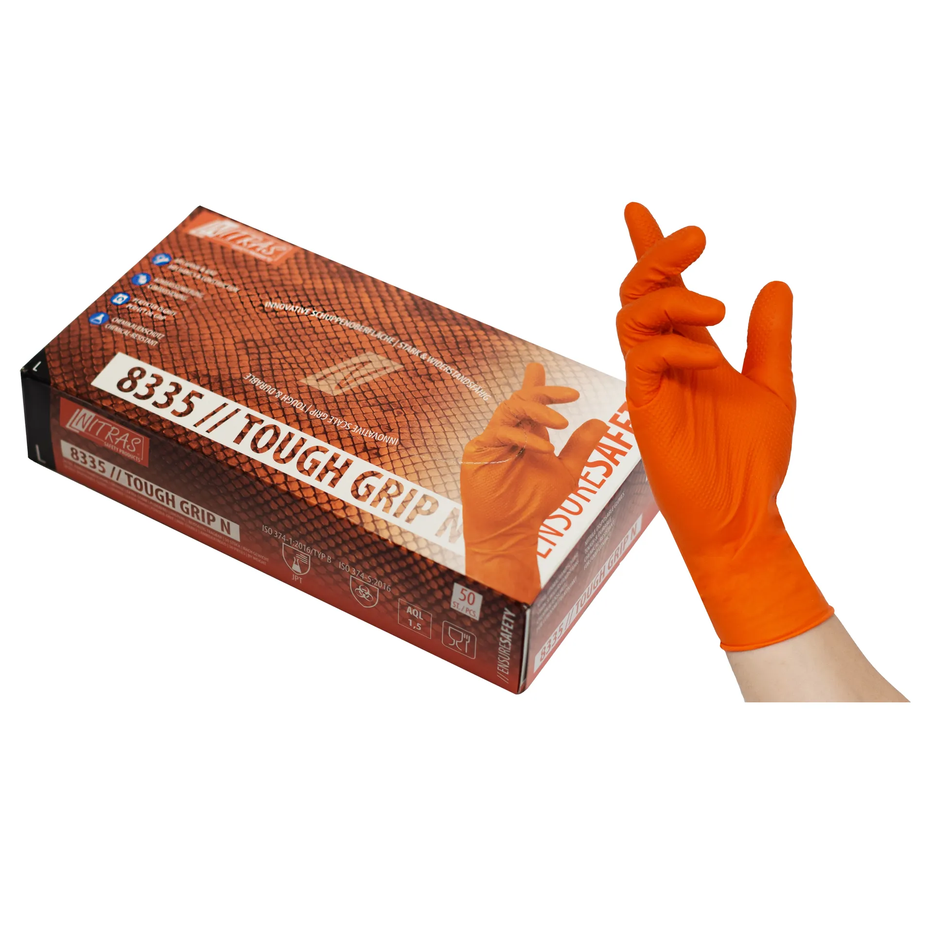 NITRAS TOUGH GRIP N, Nitril-Einmalhandschuhe, orange, EN ISO 374, Box à 50 Stück (8335)