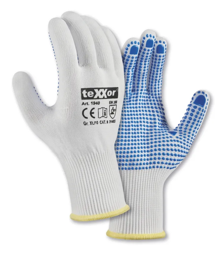 teXXor Feinstrick-Handschuhe NYLON Weiß/Blaue Noppen (1940)