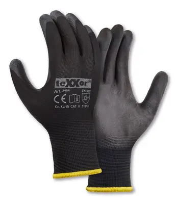teXXor Polyester-Strickhandschuhe POLYURETHAN BESCHICHTET Schwarz/Schwarz (2404)