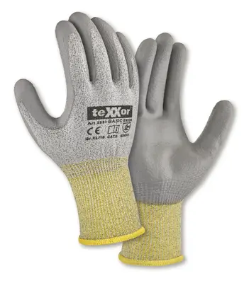 teXXor PU-Schnittschutz-Strickhandschuhe CUT D - Basic Grau-meliert (2592)