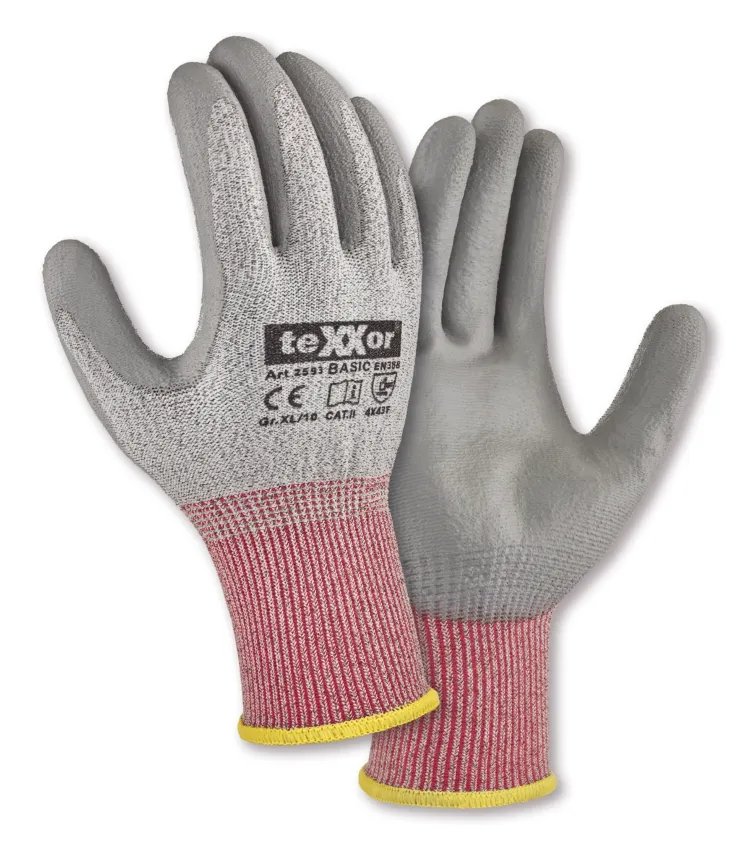 teXXor PU-Schnittschutz-Strickhandschuhe CUT F - Basic Grau-meliert (2593)