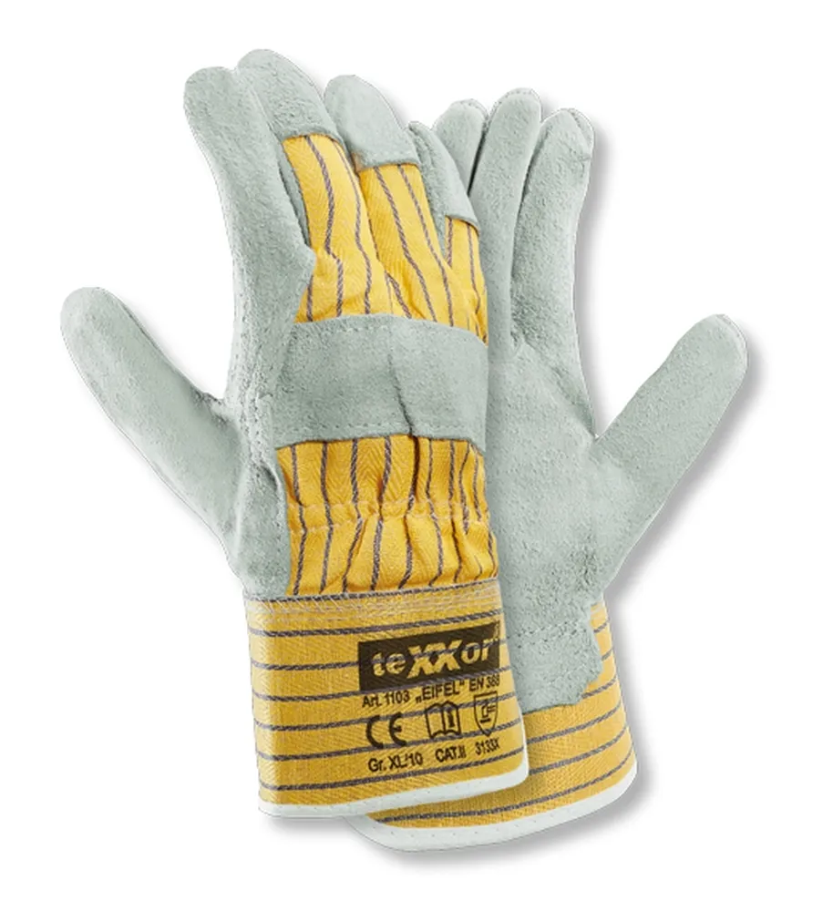 teXXor Rindkernspaltleder-Handschuhe EIFEL Leder natur, Drell Gelb/Blau (1103)