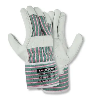 teXXor Rindvollleder-Handschuhe BROCKEN Leder natur, Drell Grün/Rot (1145)