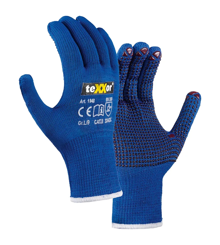 teXXor Schnittschutz-Feinstrickhandschuhe Blau/Rote Noppen (1948)