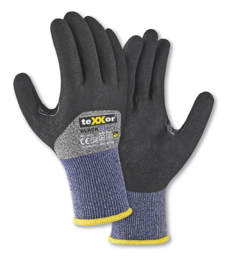 teXXor Schnittschutz-Strickhandschuhe BLACK CUT C 3/4 beschichtet Grau-meliert/Blau/Schwarz (2611)