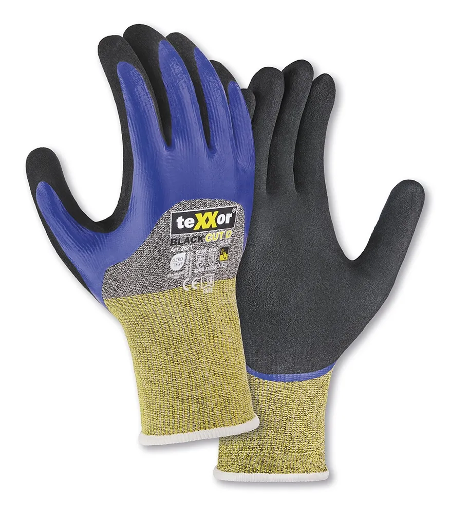 teXXor Schnittschutz-Strickhandschuhe BLACK CUT D 3/4 beschichtet Grau-meliert/Blau/Gelb/Schwarz (2621)
