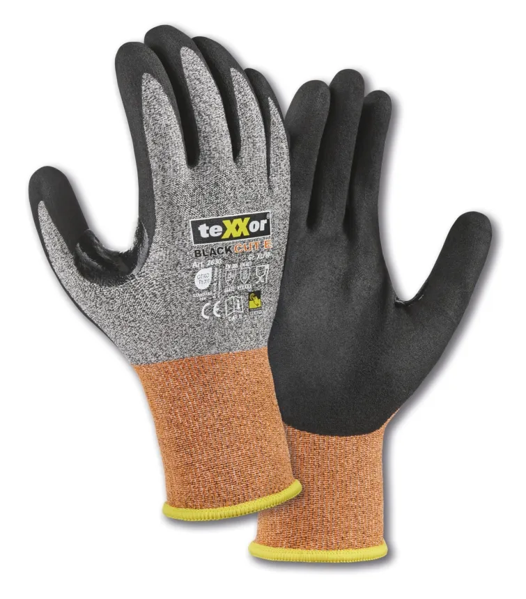 teXXor Schnittschutz-Strickhandschuhe BLACK CUT E Grau-meliert/Orange/Schwarz (2630)