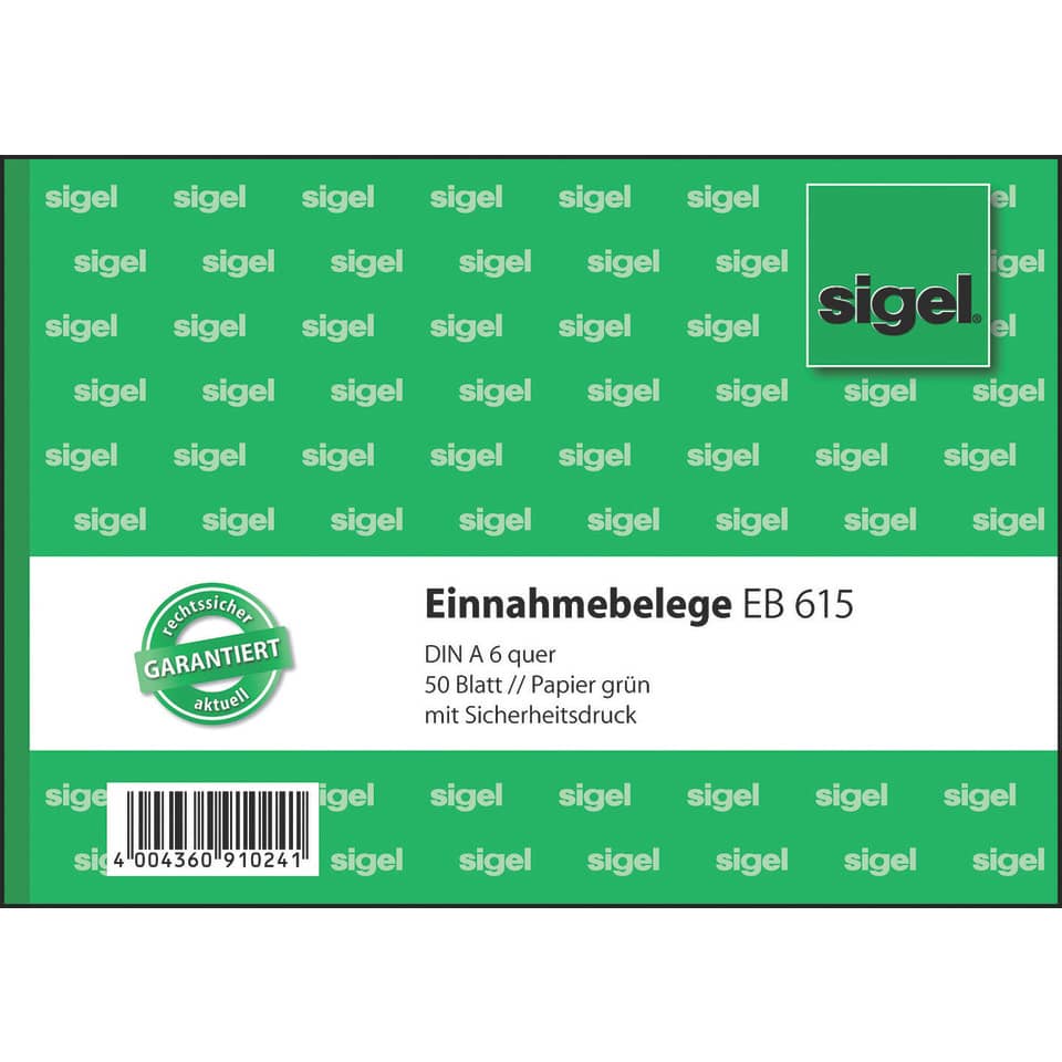 Einnahmebelege - A6 quer, Papier grün, mit Sicherheitsdruck, 50 Blatt