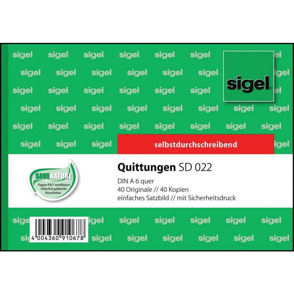 Quittungen mit Sicherheitsdruck - A6 quer, einfaches Satzbild, 1. und 2. Blatt bedruckt, SD, MP,  2 x 40 Blatt