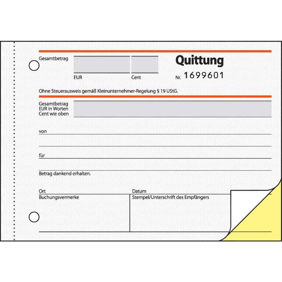 Quittung für Kleinunternehmer ohne MwSt.-Ausweis - A6, MP, SD, 2 x 30 Blatt