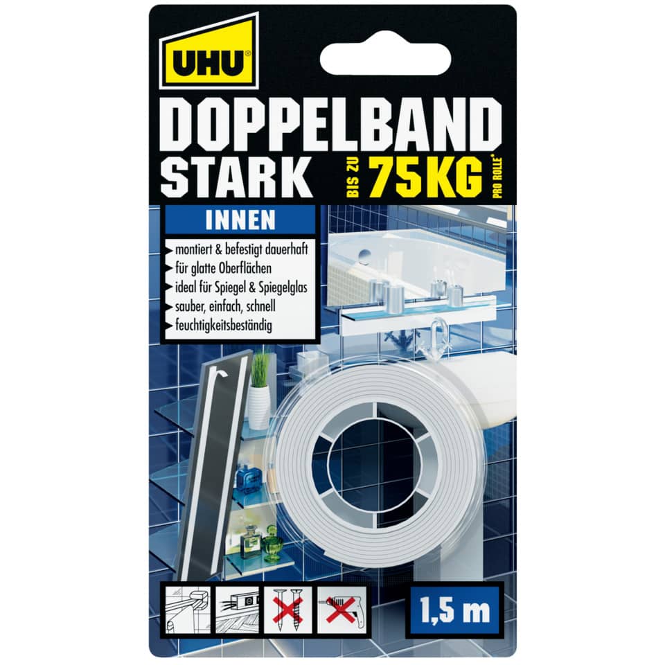 Doppelklebeband Stark - für Innenbereich, 1,5 m x 19 mm, Infokarte