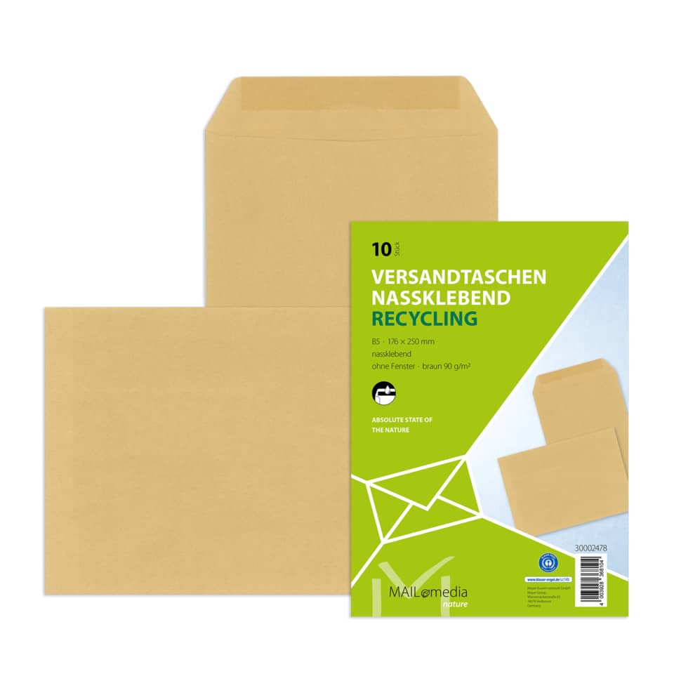 Versandtasche B5, nassklebend, ohne Fenster, braun, 90 g/qm, 10 Stück