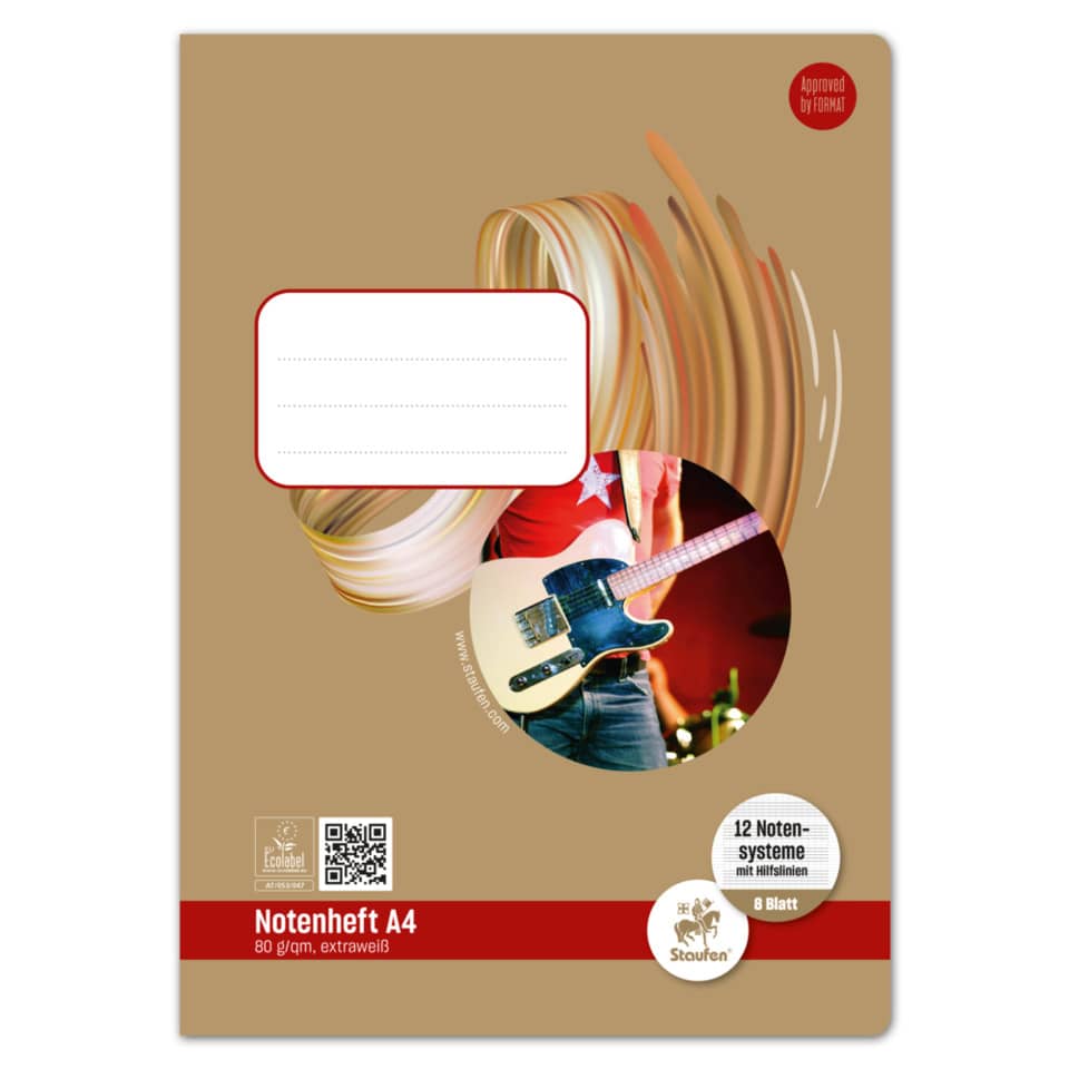 Notenheft - A4, 8 Blatt, 80 g/qm, 12 Notensysteme + Hilfslinien