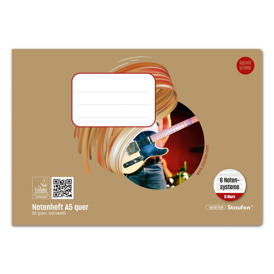 Notenheft - A5 quer, 8 Blatt, 80 g/qm, 6 Notensysteme