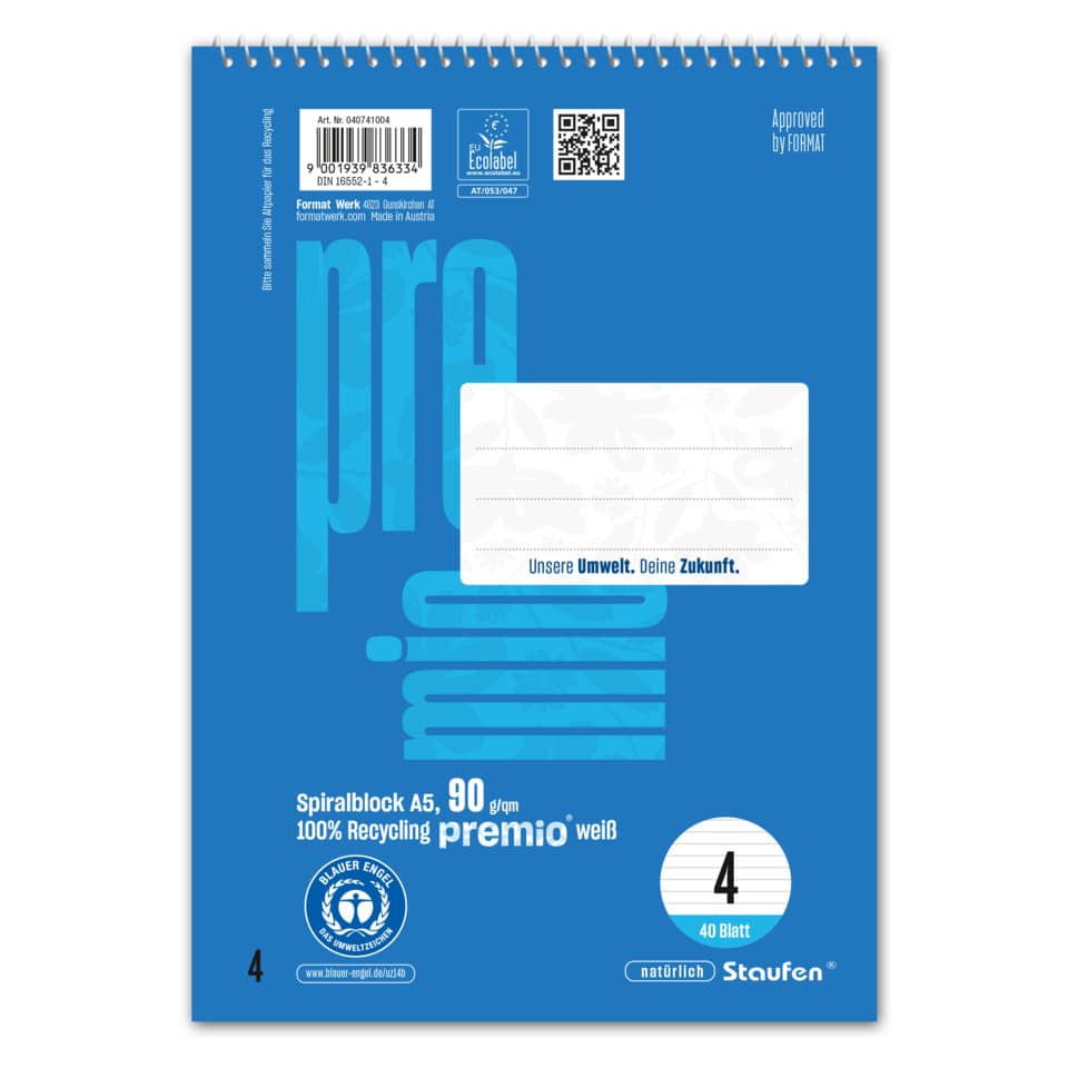 Spiralblock LIN 4 - A5, 40 Blatt, 9 mm liniert, 90 g/qm
