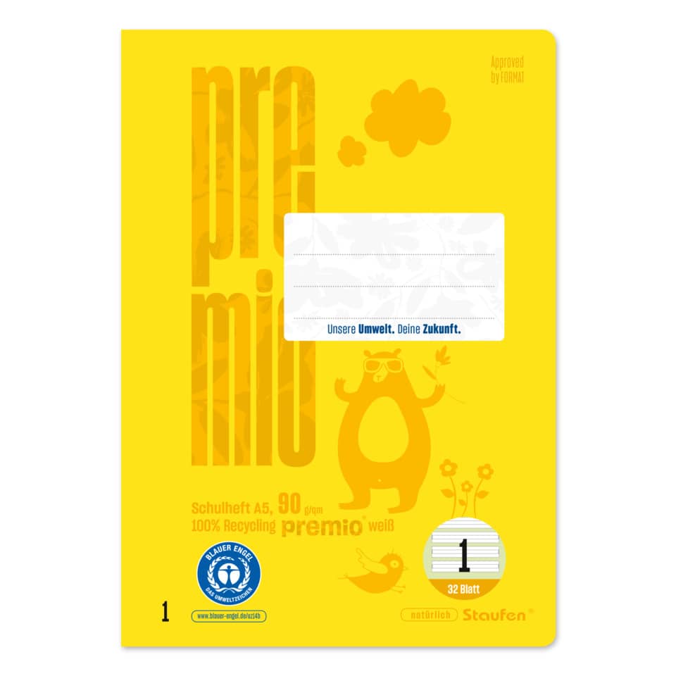 Heft LIN1 - A5, 32 Blatt, 5mm liniert, hellgelb