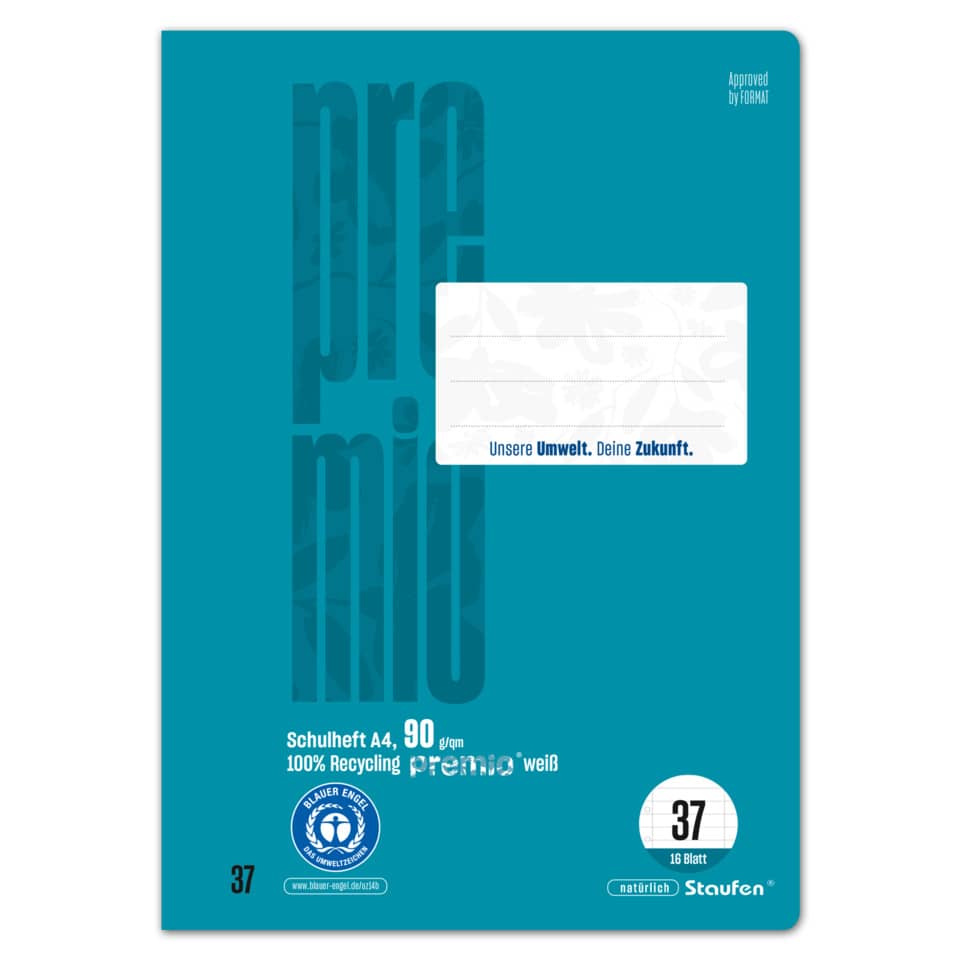 Heft LIN37 - A4, 16 Blatt, 80 g/qm, 9 mm liniert mit Randlinien, gelocht, perforiert