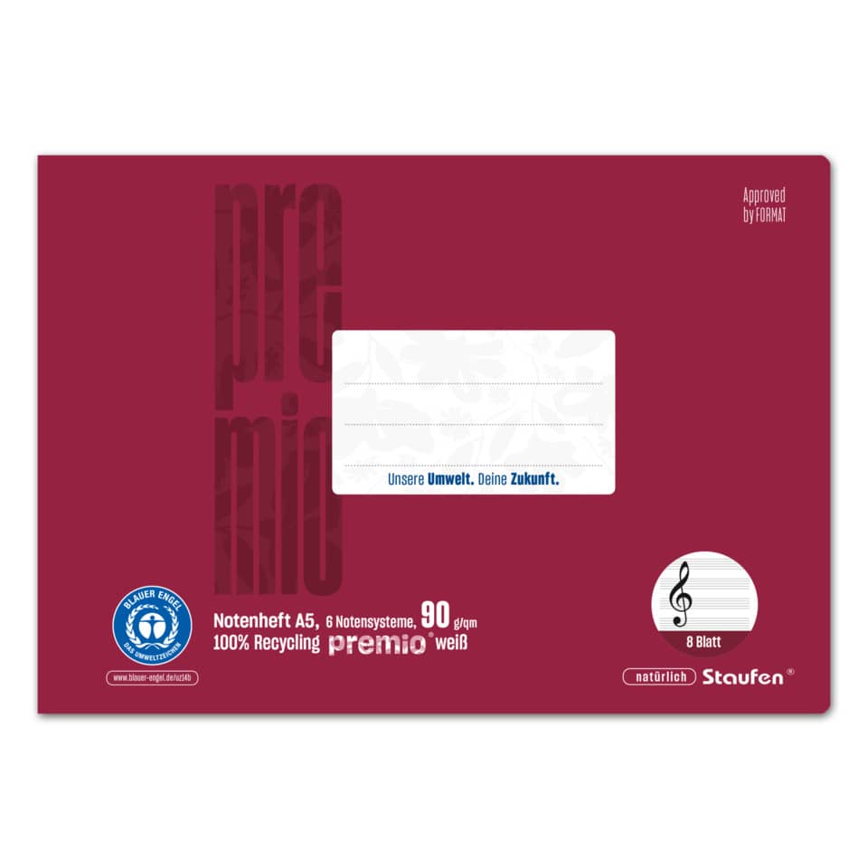 Notenheft LinN - A5 quer, 8 Blatt, 6 Notensystem, bordeaux