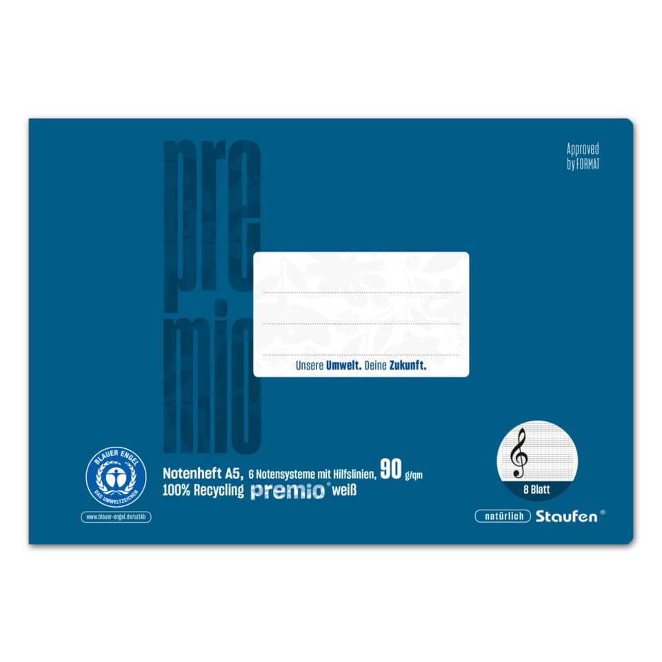 Notenheft LinNH - A5 quer, 8 Blatt, 6 Notensystem, blau