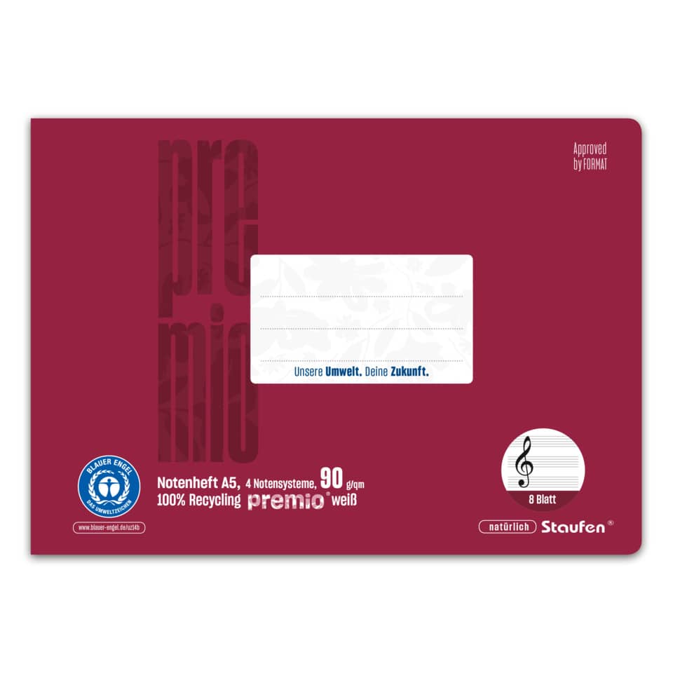 Notenheft LinN - A5 quer, 8 Blatt, 4 Notensystem, bordeaux