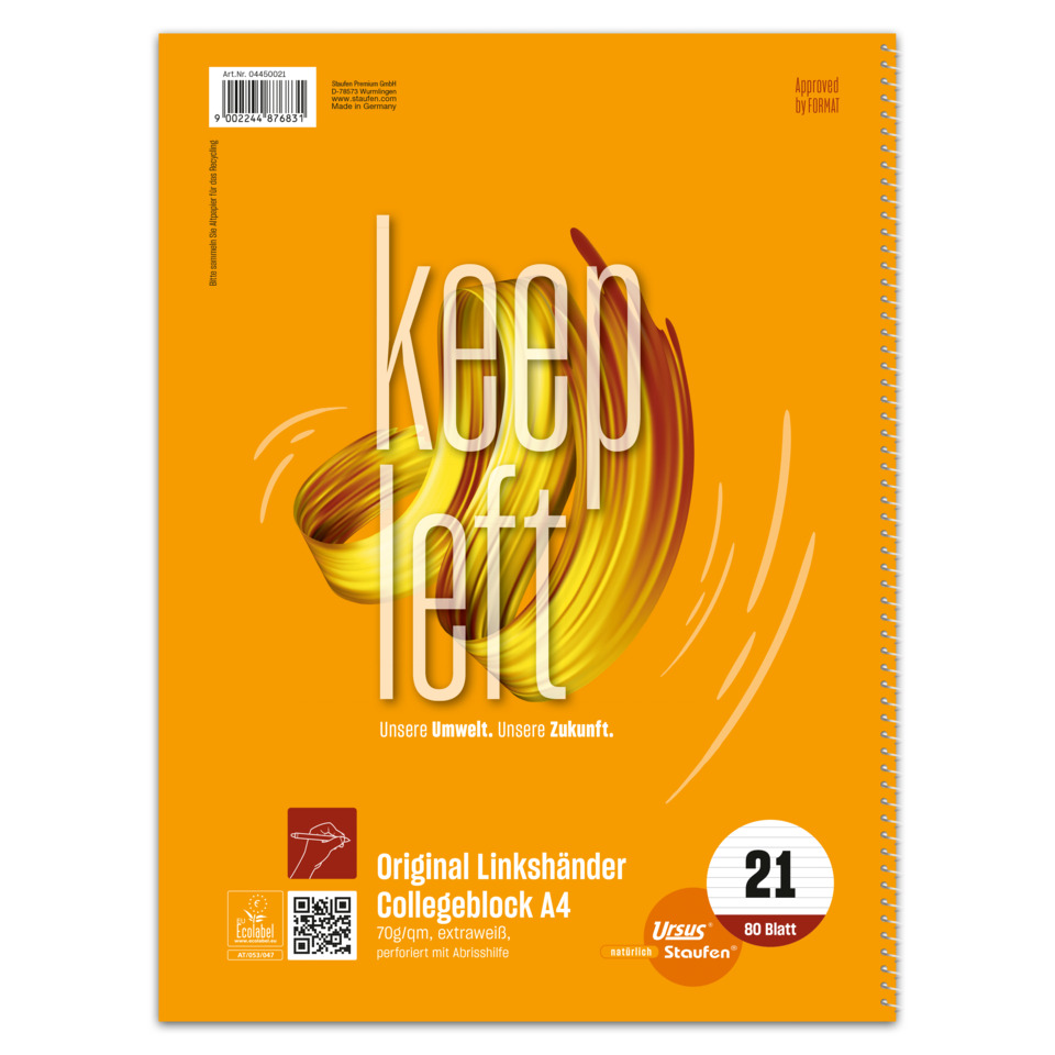 Collegeblock LIN21 für Linkshänder, A4, 80 Blatt, 70g/m², liniert