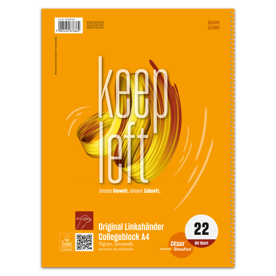 Collegeblock LIN22 für Linkshänder, A4, 80 Blatt, 70g/m², kariert