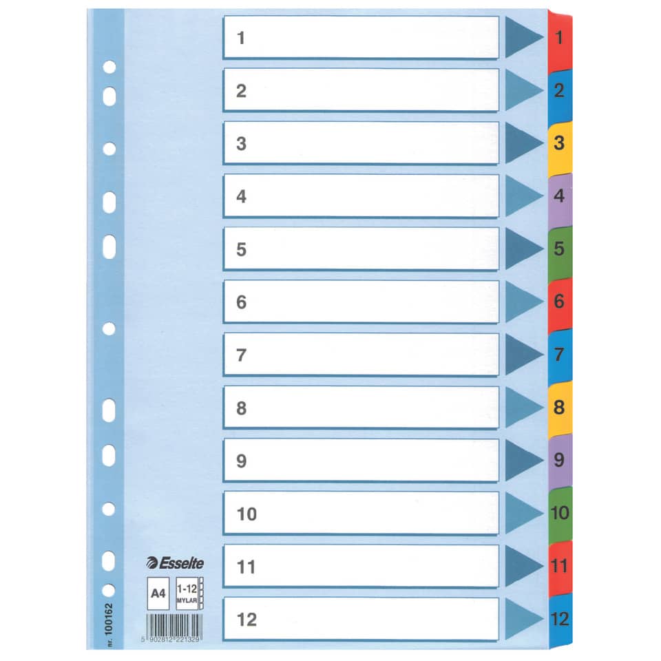 Zahlenregister - 1-12, Karton, A4, 12 Blatt, weiß, farbige Taben