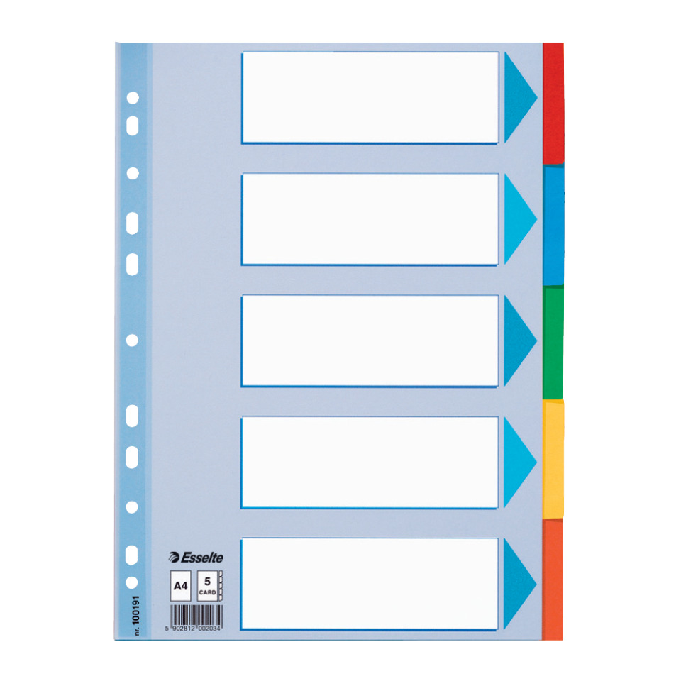 Register - blanko, Karton, A4, 5 Blatt, weiß, farbige Taben
