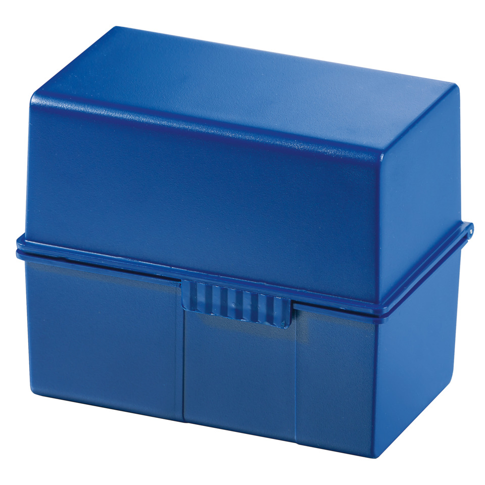 Karteibox DIN A7 quer - für 300 Karten mit Stahlscharnier, blau
