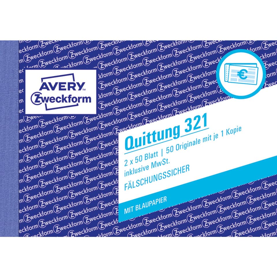 321 Quittung inkl. MwSt. - A6 quer, MP, BL, fälschungssicher, 2 x 50 Blatt, weiß
