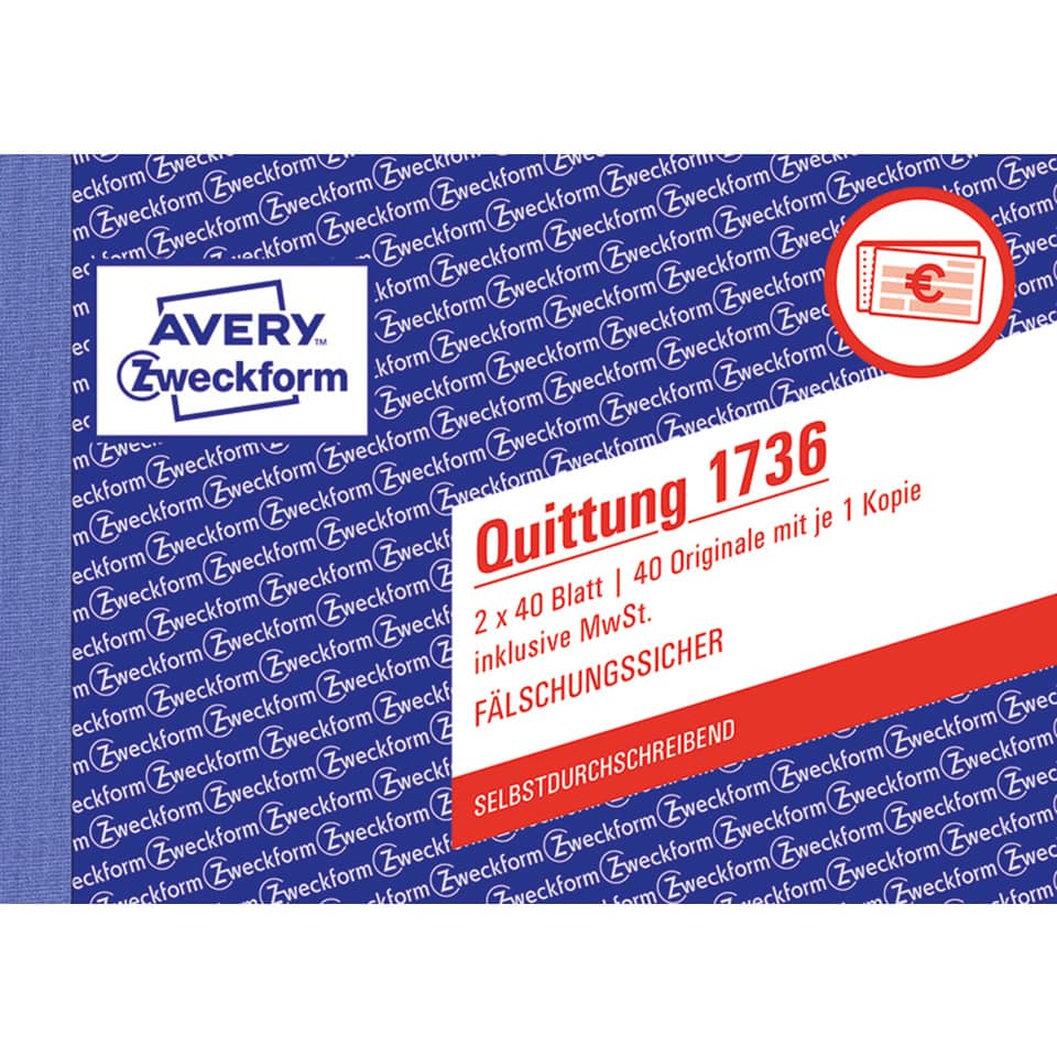 1736 Quittung inkl. MwSt. - A6 quer, MP, SD, fälschungssicher, 2 x 40 Blatt, weiß, gelb