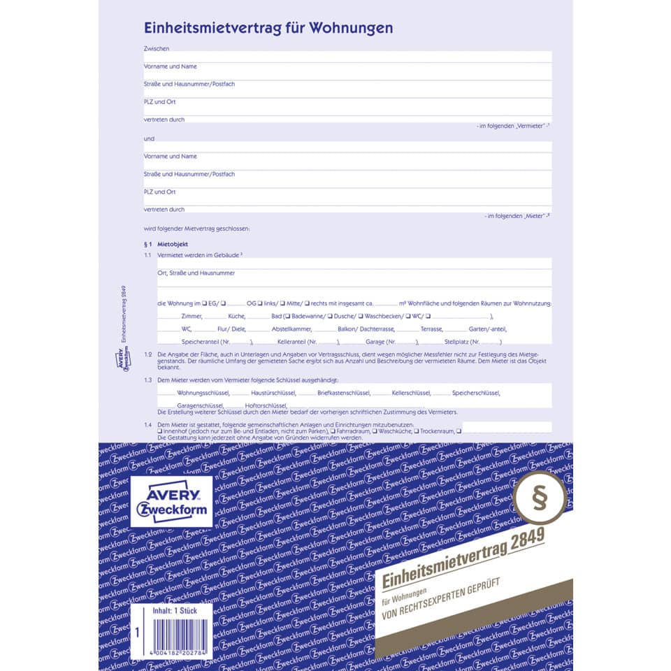 2849 Einheitsmietvertrag - Wohnungen, DIN A4, mit Hausordnung, 1 Satz, blau
