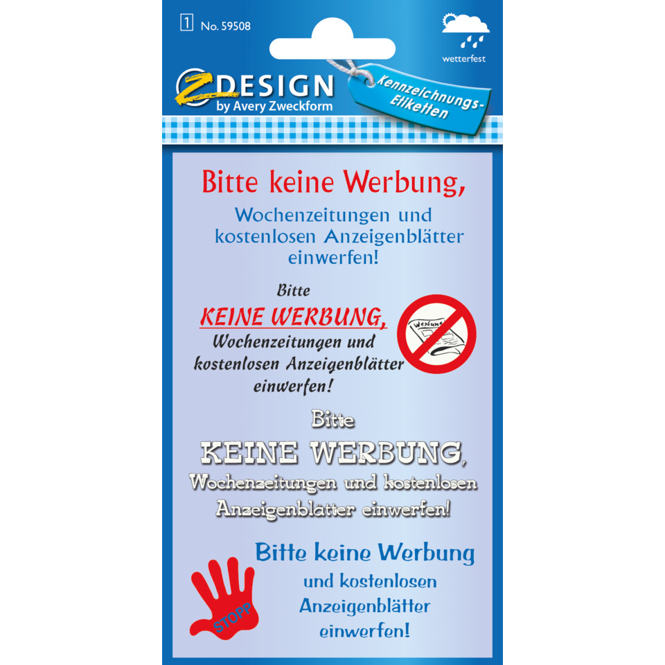 59508 Home Hinweis-Etikett "Keine Werbung", Kunststoff, 1 Bogen 4 Etiketten