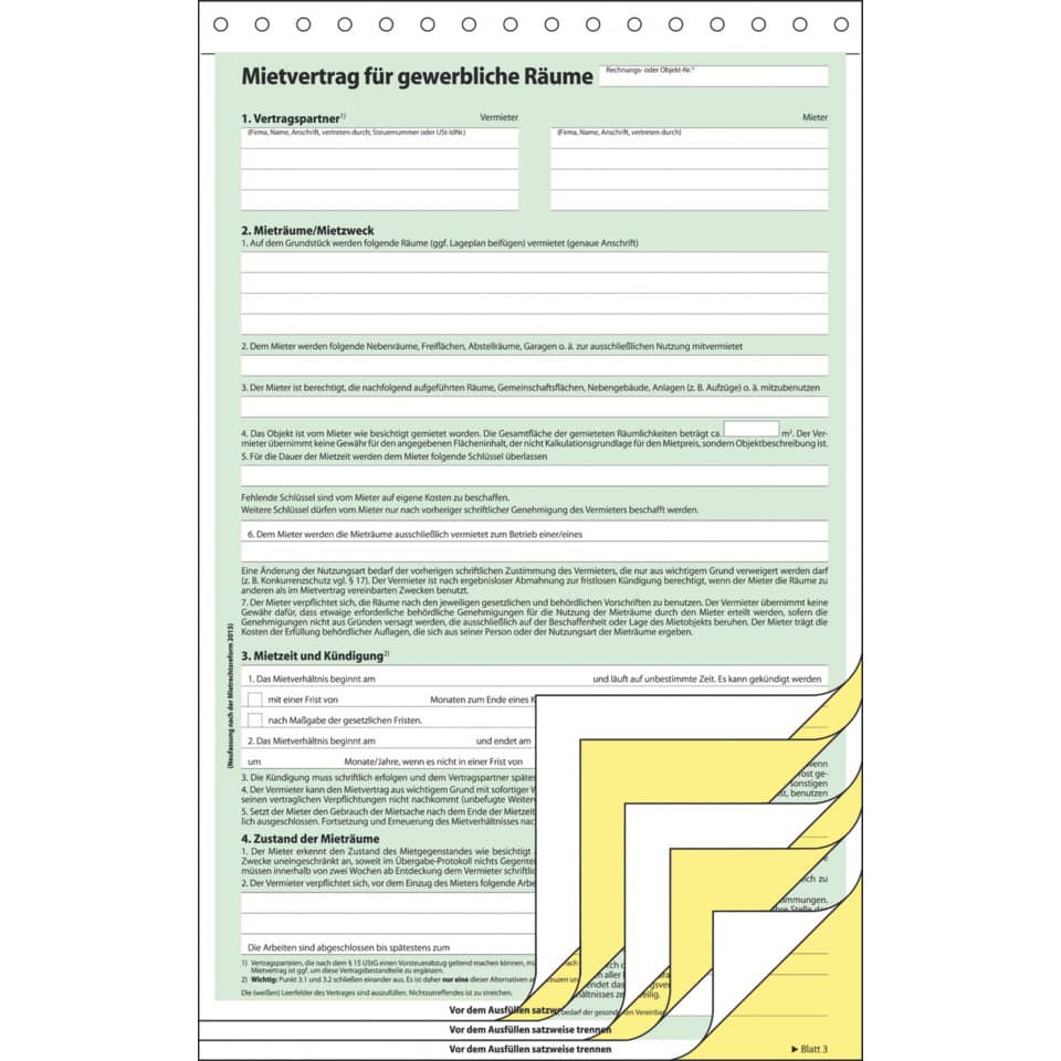 Mietvertrag für gewerbliche Räume - A4, 3 x 2 Blatt