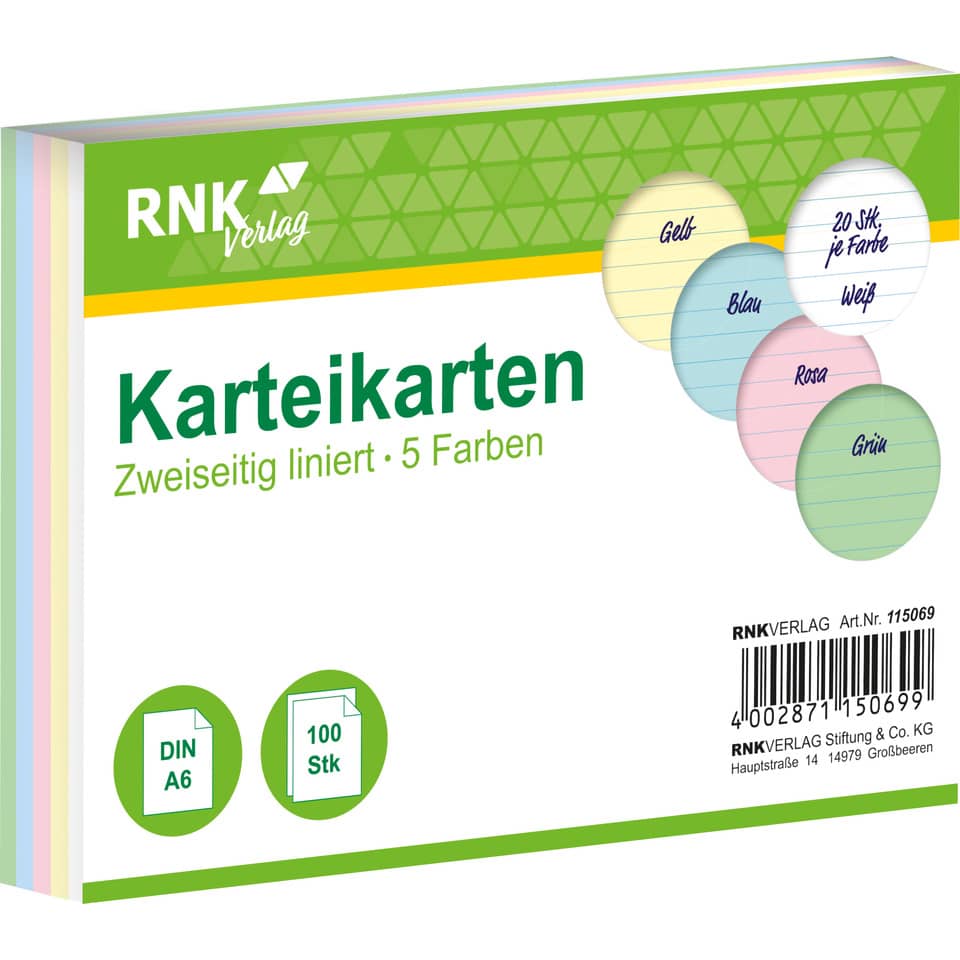 Karteikarten - DIN A6, liniert, farbig sortiert, 100 Karten