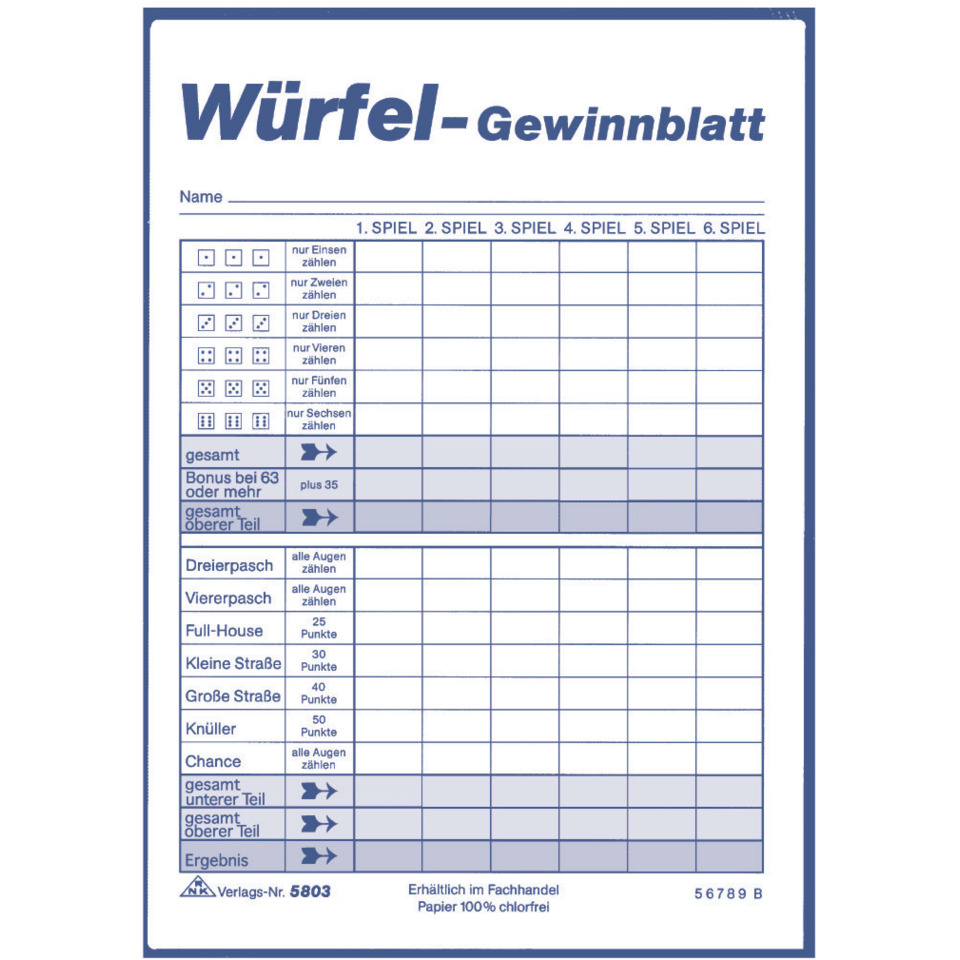 Würfelspiel-Gewinnblatt - Block, DIN A6, 3 x 85 Blatt