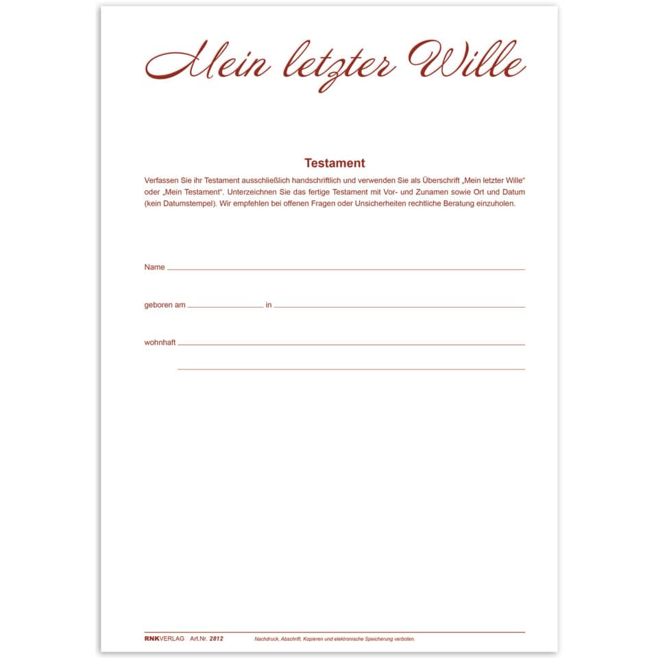 Testament Brief mit Anweisungen und Vollmacht für den Todesfall, DIN A4
