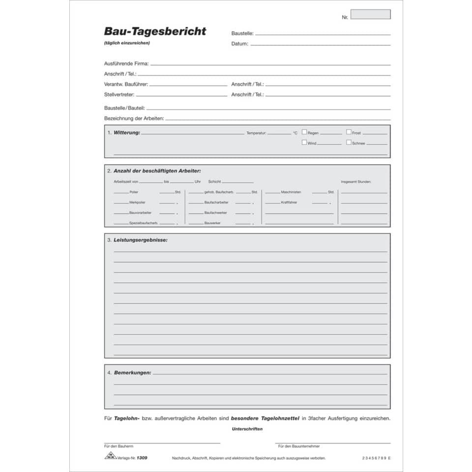 Bau-Tagesbericht - Block, 3 x 50 Blatt, DIN A4, mit Durchschreibepapier