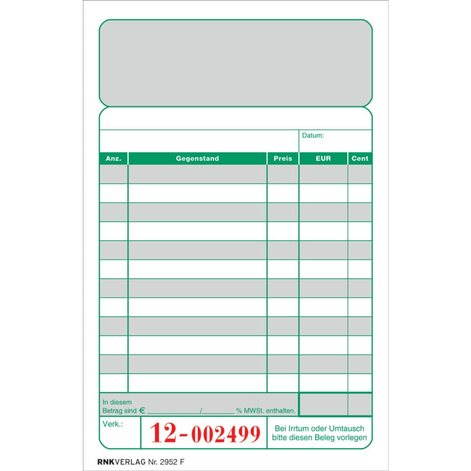 Kassenblock - zweifarbig - oben geheftet, 2 x 50 Blatt, 96 x 167 mm, nummeriert
