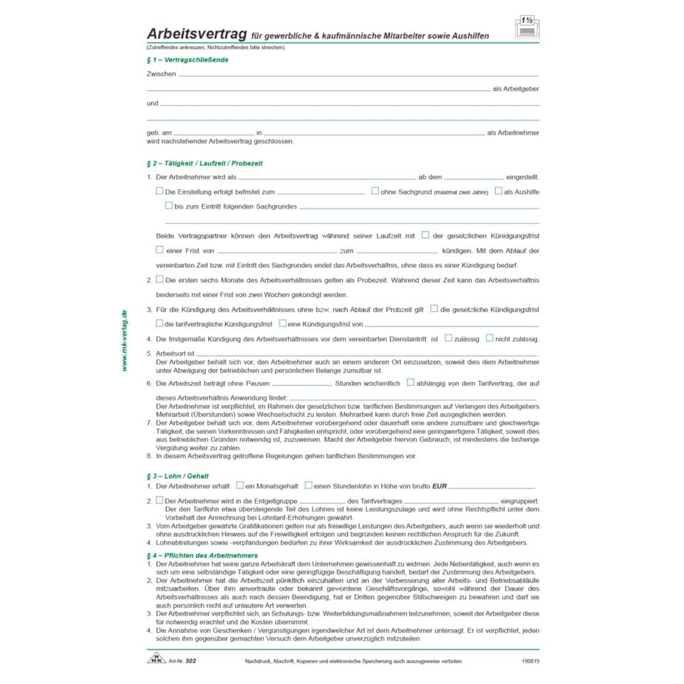Arbeitsvertrag für gewerbliche Arbeitnehmer, 2 Seiten, DIN A4