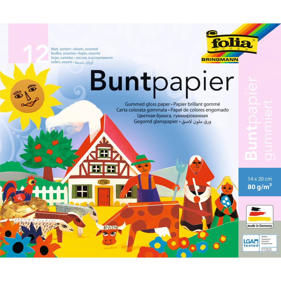 Buntpapier Hefte, gummiert, 14x20cm, 12 Blatt, 12-farbig
