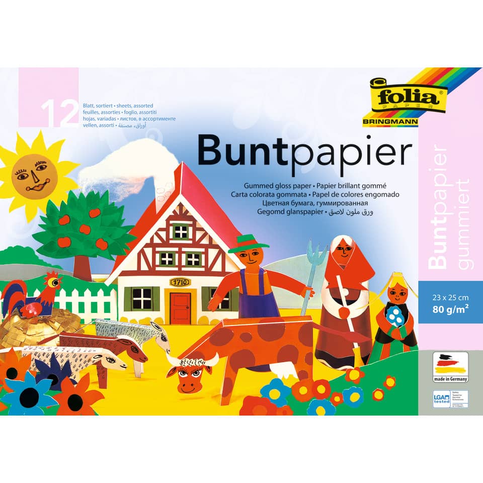 Buntpapier Hefte, gummiert, 23x25cm, 12 Blatt, 12-farbig