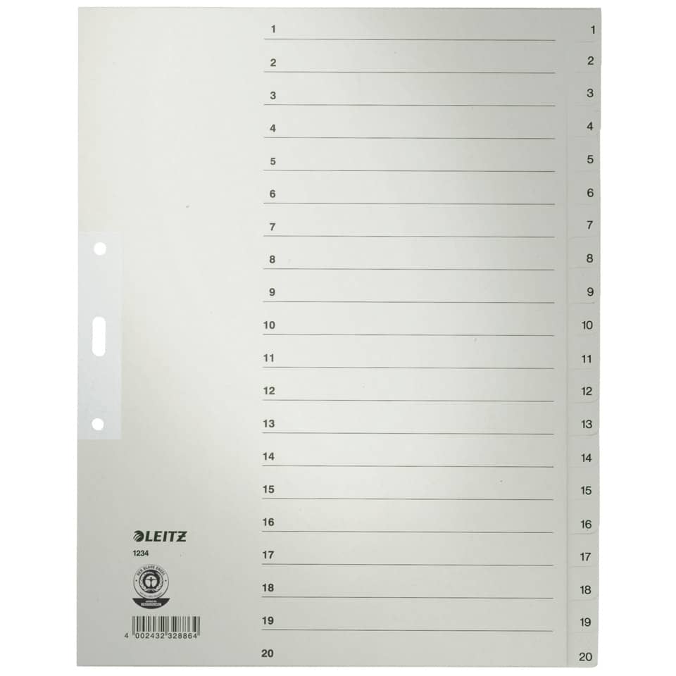 1234 Zahlenregister - 1-20, Papier, A4 Überbreite, 20 Blatt, grau