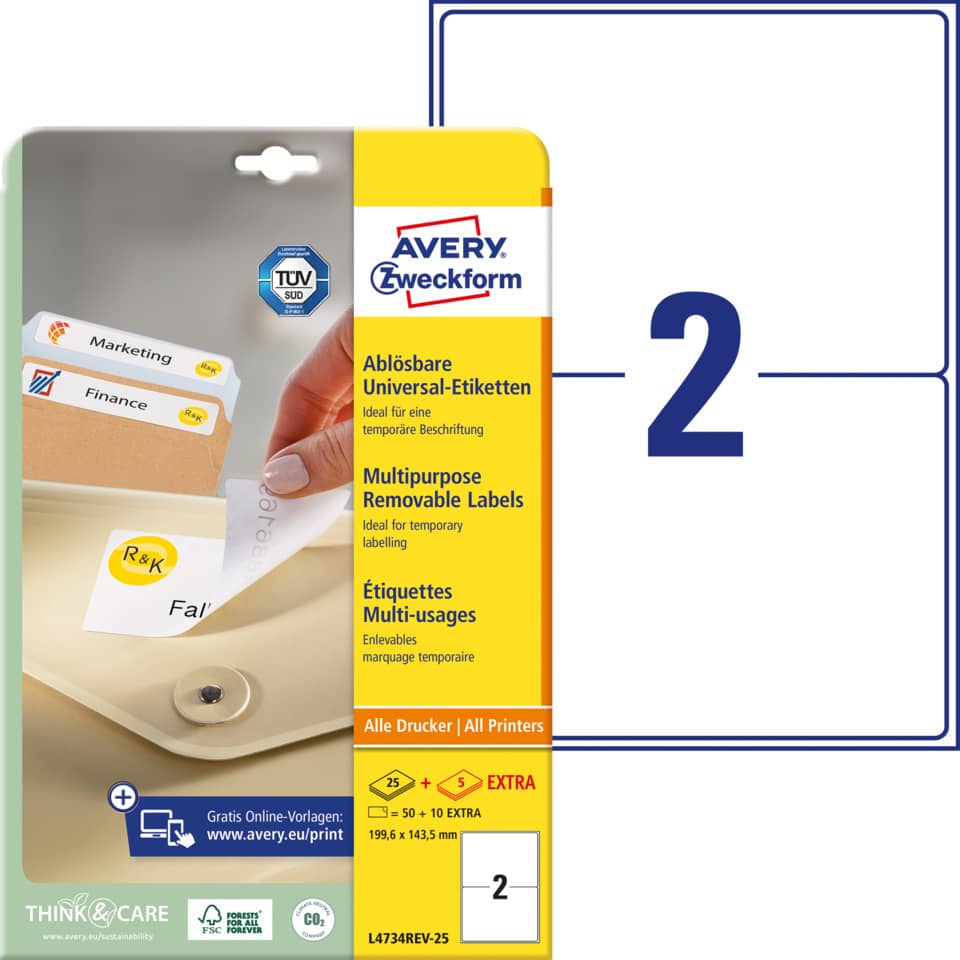 L4734REV-25 Universal-Etiketten - 199,6 x 143,5 mm, weiß, 60 Etiketten/30 Blatt, wiederablösbar