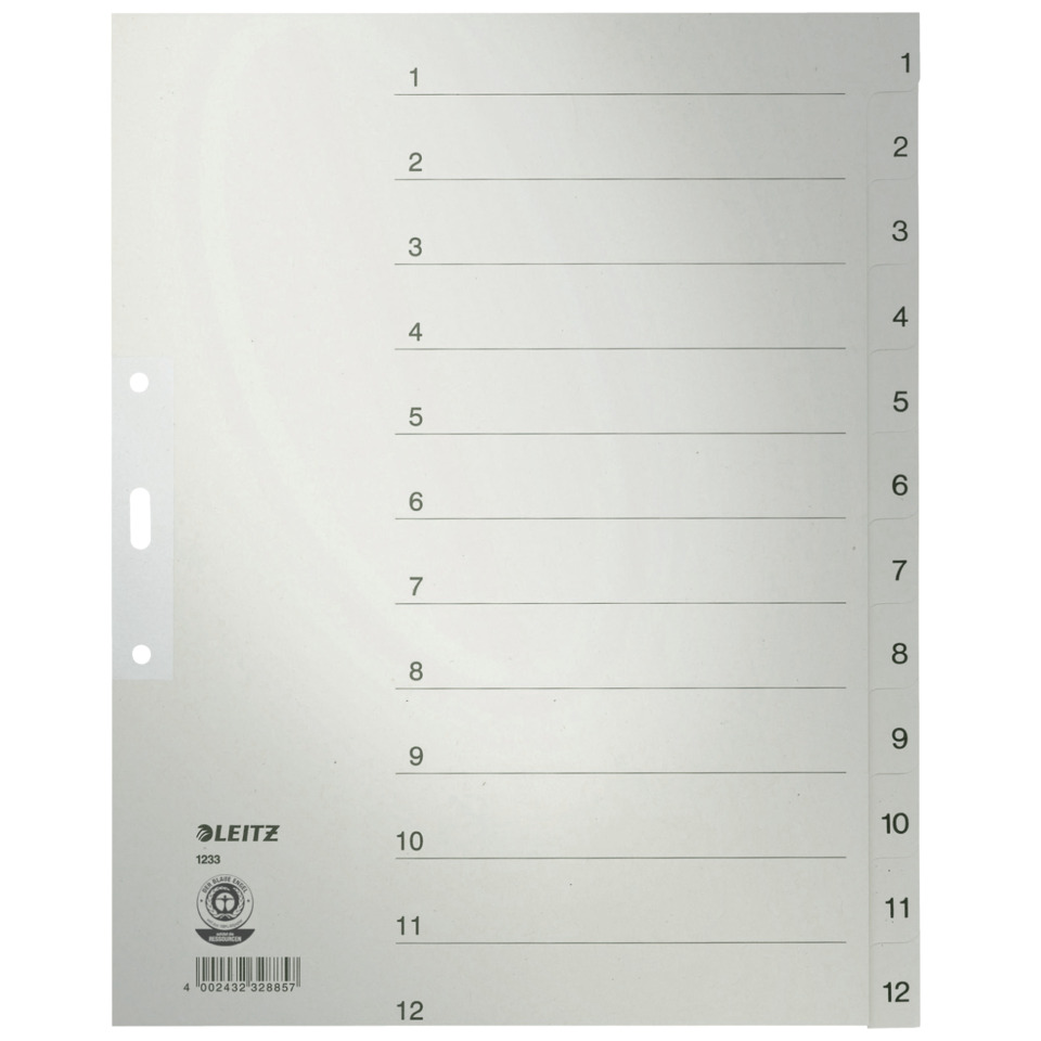 1233 Zahlenregister - 1-12, Papier, A4 Überbreite, 12 Blatt, grau